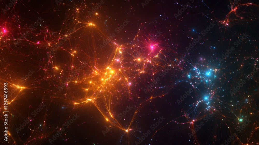 Obraz premium Abstract network visualization with glowing, colorful nodes connected by dynamic lines, representing digital communication.