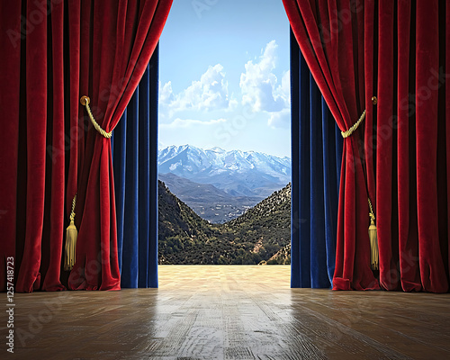 Mountain view revealed behind stage curtains