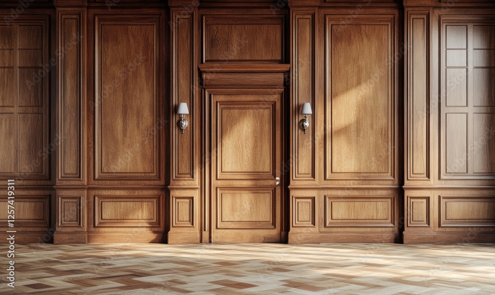 Sunlit wooden paneled room interior door design Sunlit wooden paneled room interior door design