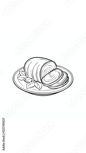 Cute Ham Meat Food Eatery Meal Coloring Kid Book Page in Black and White. Monochrome and Colored Samples
