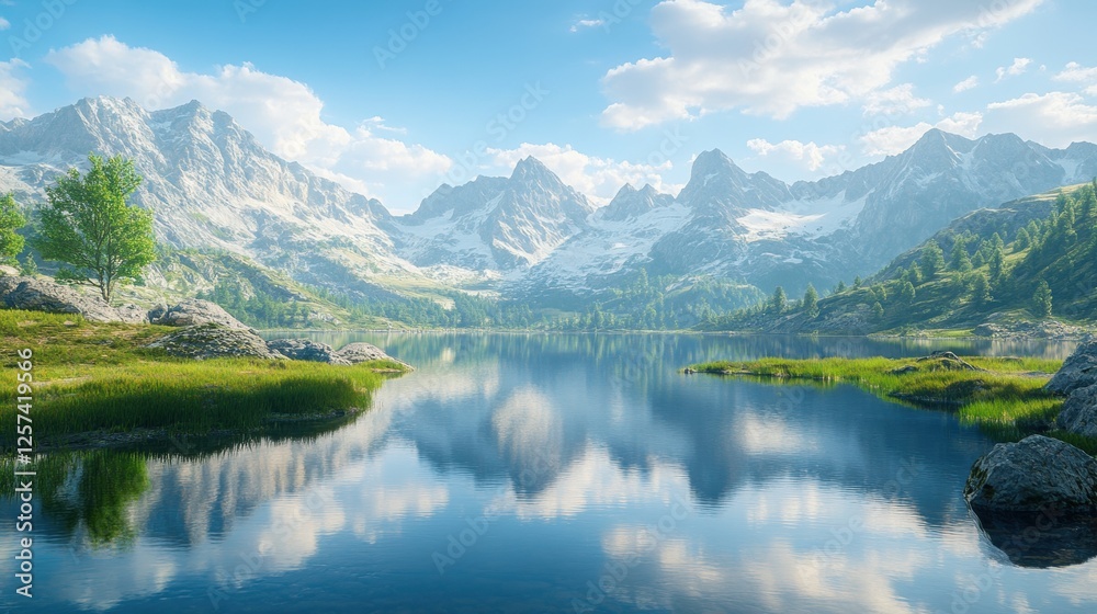 Fototapeta premium Breathtaking Panoramic View of Majestic Snow-Capped Mountains Reflected on a Tranquil Lake Surrounded by Lush Greenery and Under a Bright Blue Sky Full of Fluffy White Clouds