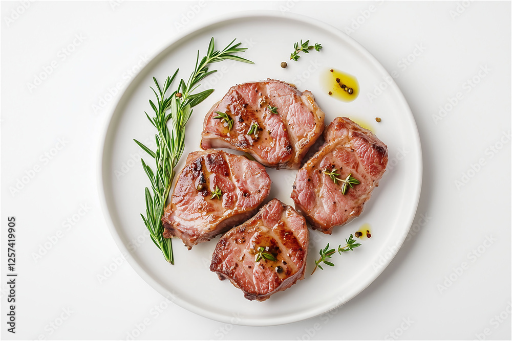 A delicious grilled meat with green herb on white plate. A delicious grilled meat with green herb on white plate.