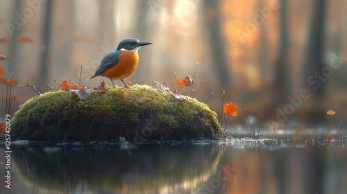 Autumnal Kingfisher Perched on Mossy Isle in Forest Pond photo