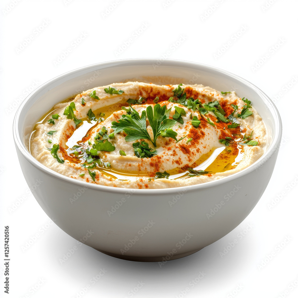 Creamy hummus in a white bowl, drizzled with olive oil, sprinkled with paprika and fresh parsley -ai Creamy hummus in a white bowl, drizzled with olive oil, sprinkled with paprika and fresh parsley -ai