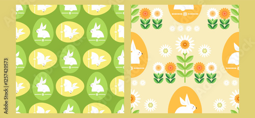 Happy Easter  template  seamless patterns set  with  rabbit, easter egg , spring flowe photo