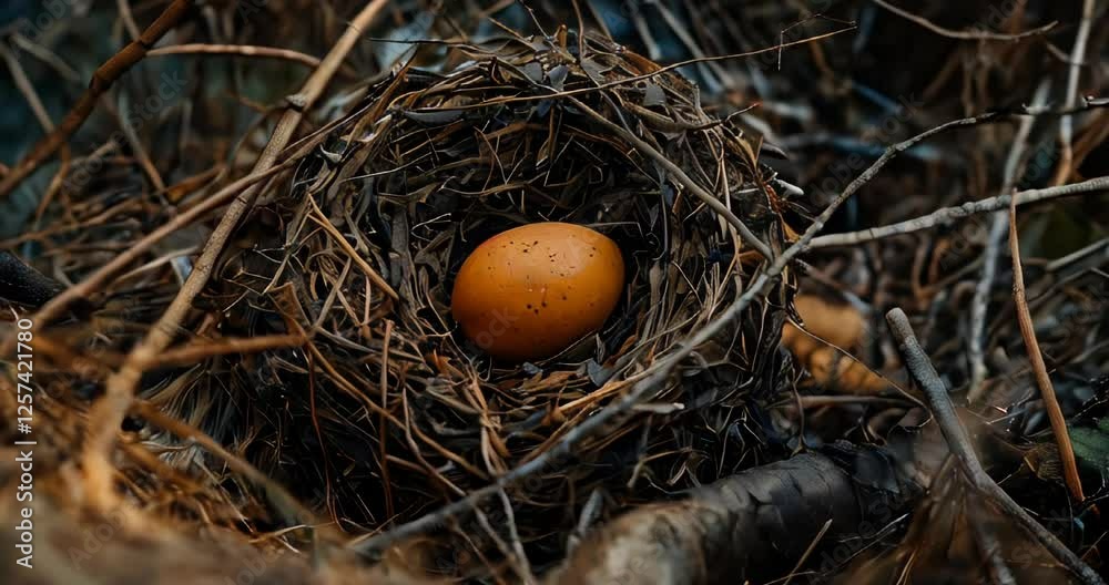 Top view of nest with easter egg on blurred Festive branches background. Greeting card, holiday celebration and happy Easter concept.