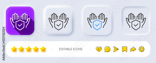 Insurance hands line icon. Neumorphic, Flat shadow, 3d buttons. Risk coverage sign. Policyholder protection symbol. Line insurance hand icon. Social media icons. Vector