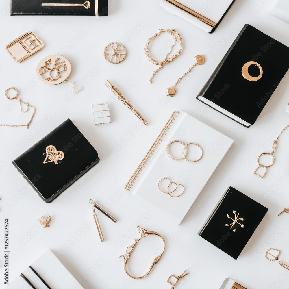 Obraz premium Gold Jewelry & Notebooks Flatlay