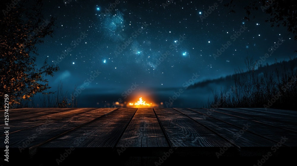 Obraz premium Night campfire lake, starry sky, wooden table
