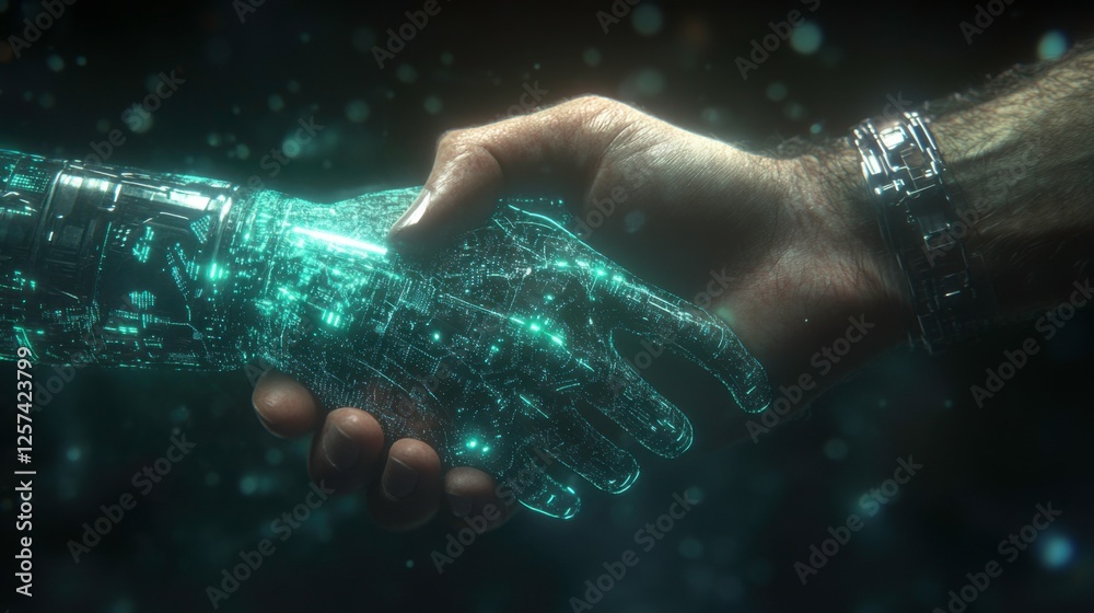 Fototapeta premium Futuristic Human and Robot Handshake Symbolizing Collaboration and Unity