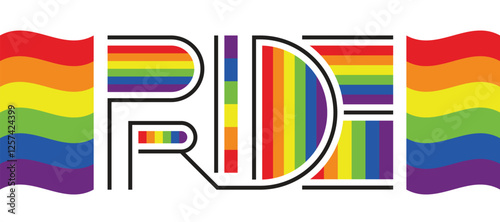 Pride text - Black line modern art with pride flag color texture around vector design
