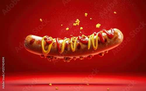 A sizzling sausage flipping in mid air with mustard and ketchup dripping off, pastel red background