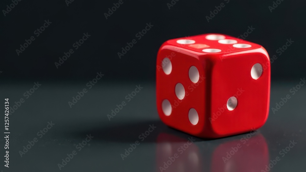 Red dice showing five on dark reflective surface Red dice showing five on dark reflective surface
