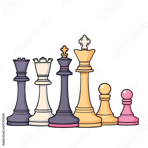 Vsai chess pieces standing together on white background