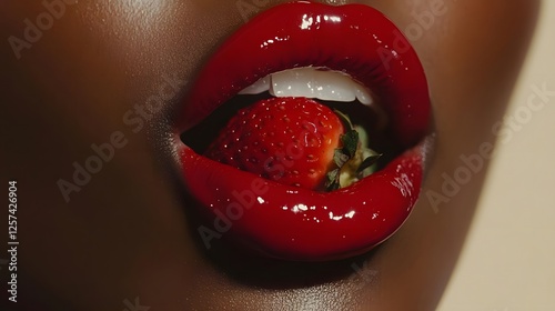 Close-up of a woman's lips adorned with bright red lipstick, playfully holding a fresh strawberry photo
