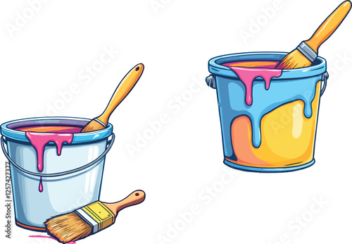 Vsai colorful paint buckets with dripping brushes