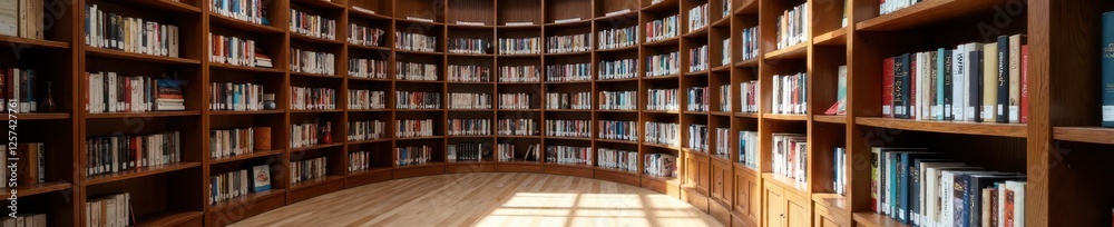 Modern round bookcase filled with books in a bright library , shelves, learning, bookcase Modern round bookcase filled with books in a bright library , shelves, learning, bookcase