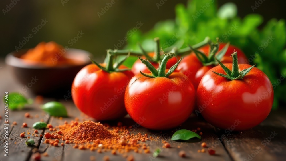 Fresh red tomatoes with basil and paprika on rustic wooden table Fresh red tomatoes with basil and paprika on rustic wooden table