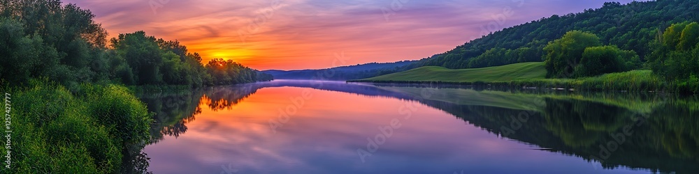 A calm river reflecting the brilliant colors of a sunset surrounded by lush greenery and gentle hills A calm river reflecting the brilliant colors of a sunset surrounded by lush greenery and gentle hills