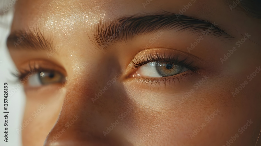 Fototapeta premium Close-up of a young woman's striking blue eyes reflecting natural light, showcasing her unique beauty