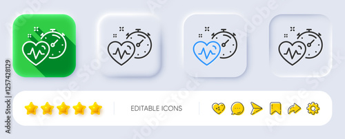 Cardio training timer line icon. Neumorphic, Flat shadow, 3d buttons. Fat burning time sign. Gym fit heartbeat symbol. Line cardio training icon. Social media icons. Vector