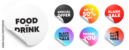 Food and Drink sticker tag. Special offer paper price tags. Food and Drink tag. Kitchen food offer. Restaurant menu. Discount, black friday sticker. Promo banner. Vector
