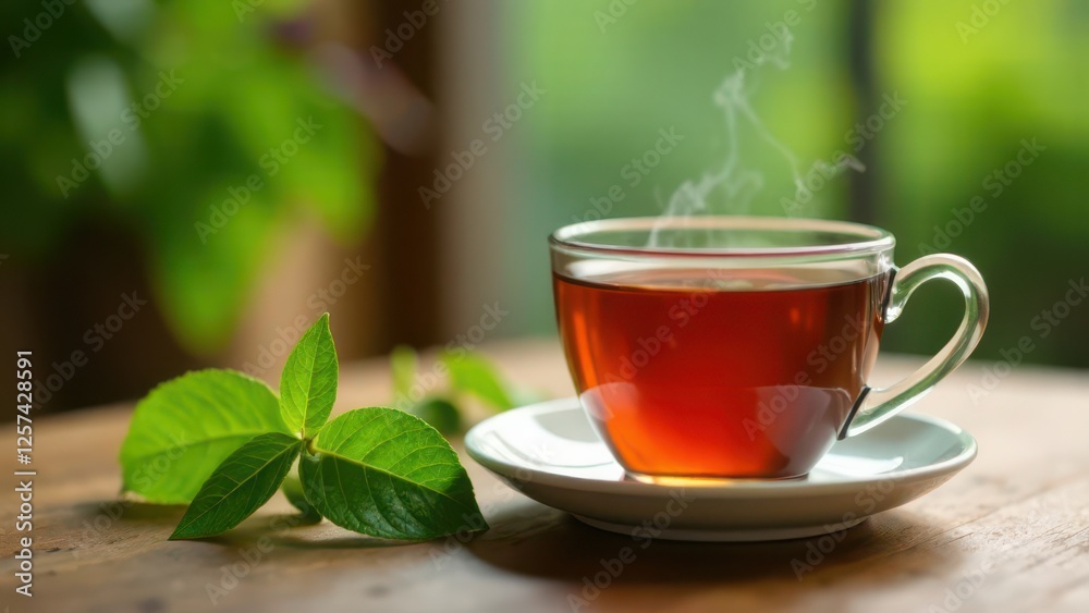 Steaming cup of tea with fresh green leaves on wooden table Steaming cup of tea with fresh green leaves on wooden table