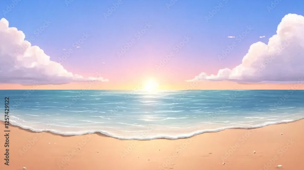 Serene Sunset Ocean Beach Scene Peaceful Summer Vacation Idyllic Tropical Seascape Calm Waves Sandy Shore Tranquil Coastal View Serene Sunset Ocean Beach Scene Peaceful Summer Vacation Idyllic Tropical Seascape Calm Waves Sandy Shore Tranquil Coastal View