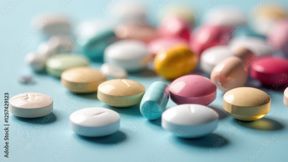 Colorful pills and capsules spreading on light blue background Colorful pills and capsules spreading on light blue background
