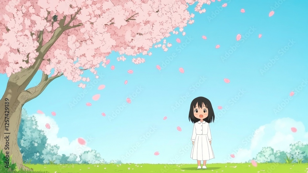 Adorable Girl in White Dress Stands Under Cherry Blossom Tree Enjoying Springtime Blossoms Falling Petals Peaceful Scene Adorable Girl in White Dress Stands Under Cherry Blossom Tree Enjoying Springtime Blossoms Falling Petals Peaceful Scene