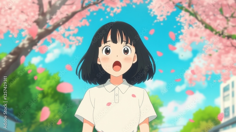 Amazed Young Woman in White Shirt Amidst Falling Cherry Blossoms Springtime Anime Girl Amazed Young Woman in White Shirt Amidst Falling Cherry Blossoms Springtime Anime Girl