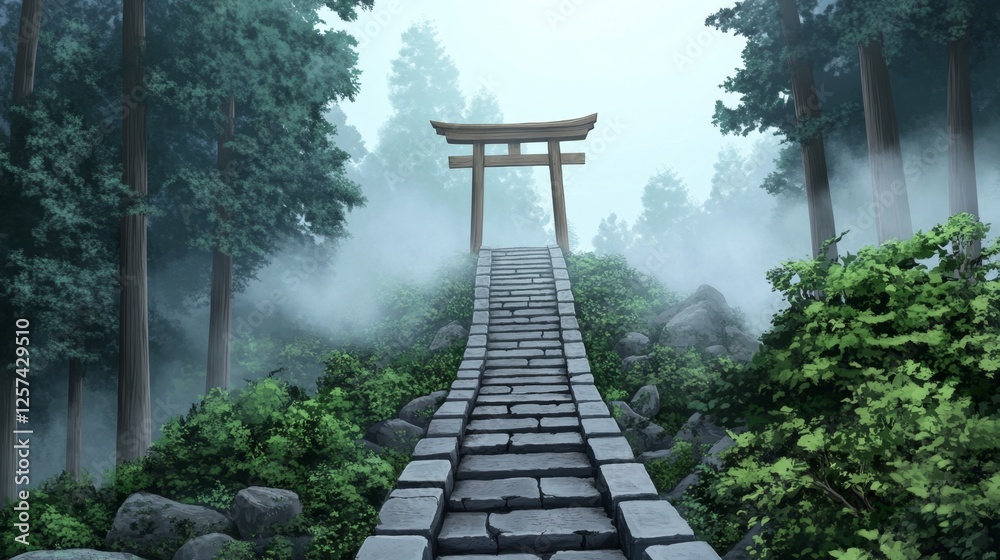 Stone Steps Leading to a Tranquil Wooden Torii Gate in a Misty Forest A Serene and Spiritual Japanese Landscape