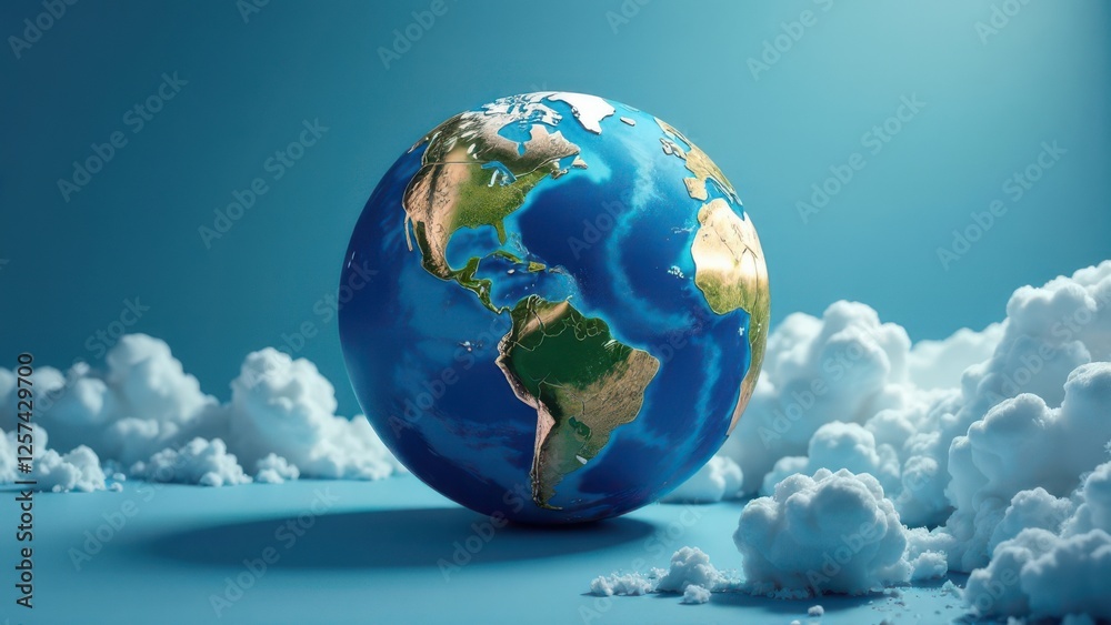 Planet earth rotating above clouds on blue background Planet earth rotating above clouds on blue background