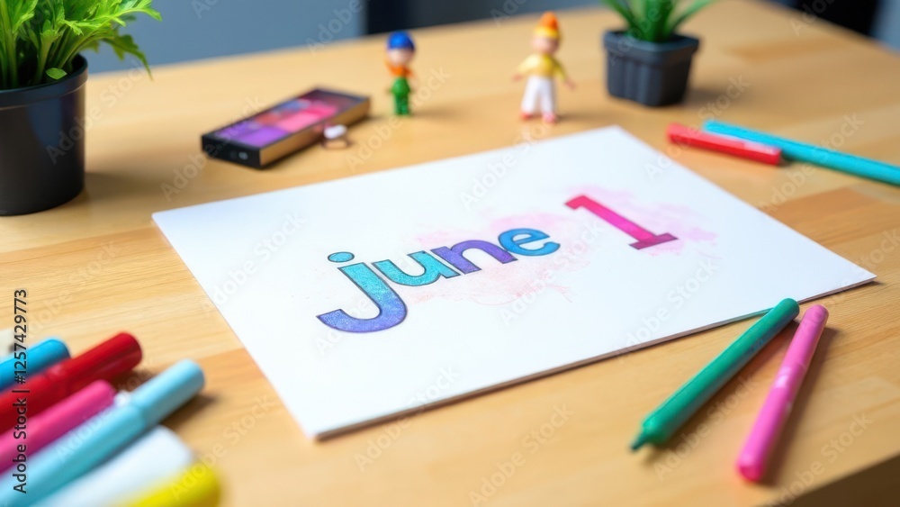 Celebrating children's day: drawing june 1 on white paper with colorful markers Celebrating children's day: drawing june 1 on white paper with colorful markers