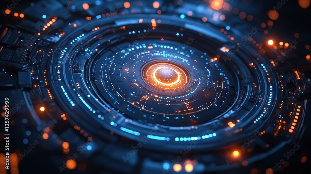 Obraz premium Futuristic digital vortex with glowing blue and orange lights, symbolizing advanced technology and energy
