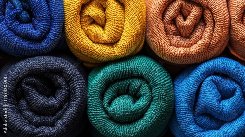 Brightly Colored Rolled Blankets in Various Textures and Patterns Arranged Neatly on Display Brightly Colored Rolled Blankets in Various Textures and Patterns Arranged Neatly on Display
