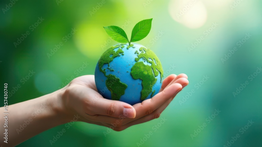 Hands holding earth globe with growing green leaves: environmental conservation concept Hands holding earth globe with growing green leaves: environmental conservation concept