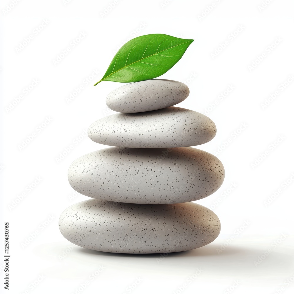 balanced stack of smooth zen stones with a small green leaf on top, isolated on white. balanced stack of smooth zen stones with a small green leaf on top, isolated on white.