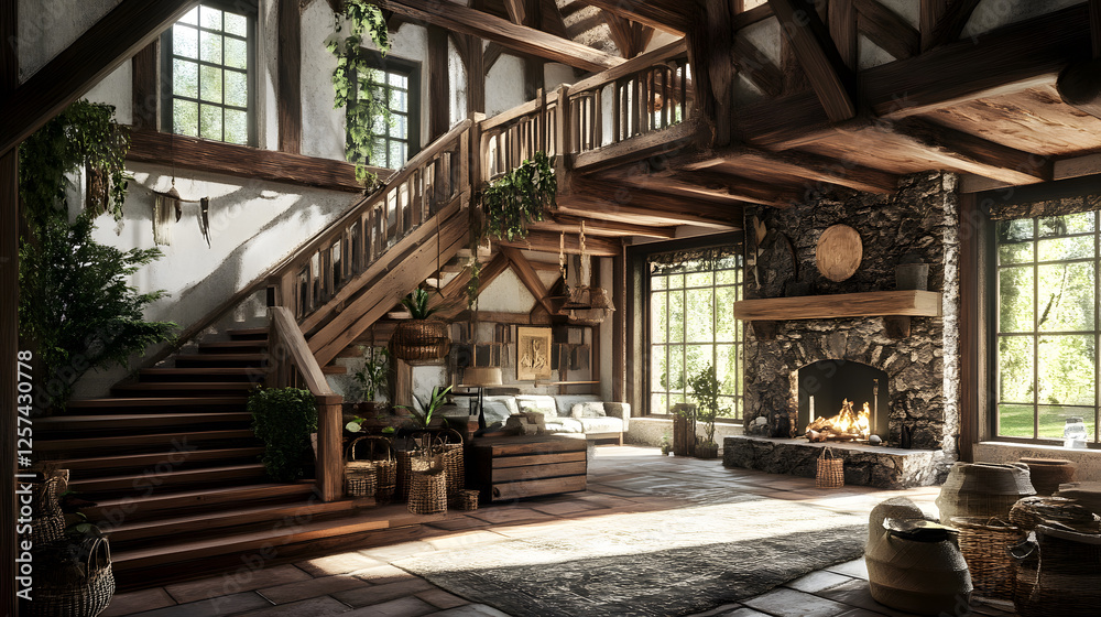 Fototapeta premium Cozy Rustic Farmhouse Interior with Stone Fireplace and Wooden Staircase