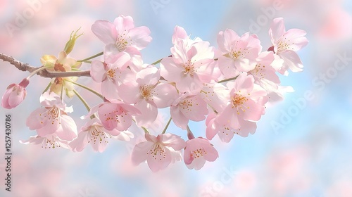 Horizontal banner. Cherry blossom in spring. Beautiful nature scene with blooming tree in sunny morning. Spring flowers and bright blue sky. Background for card or banner with copy space