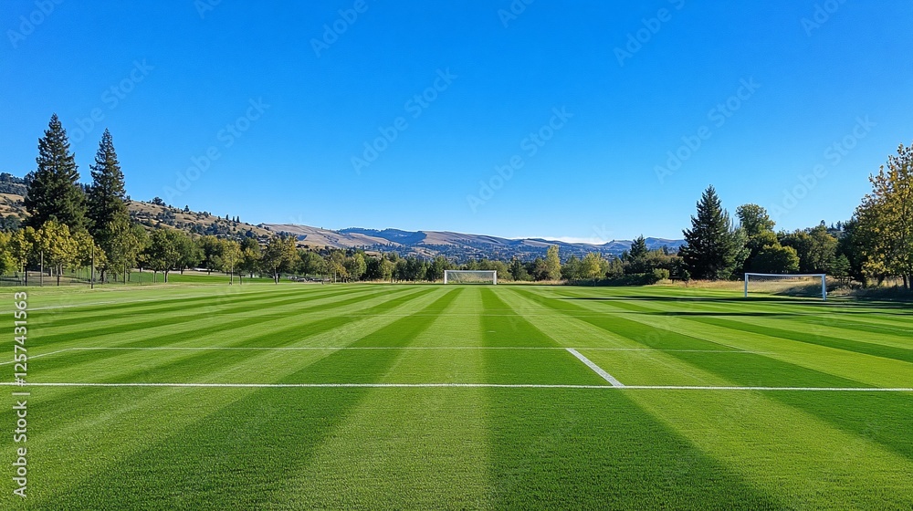Soccer field, mountains backdrop, sunny day, training Soccer field, mountains backdrop, sunny day, training
