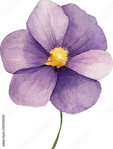 Watercolor purple flower with green leaves on stem