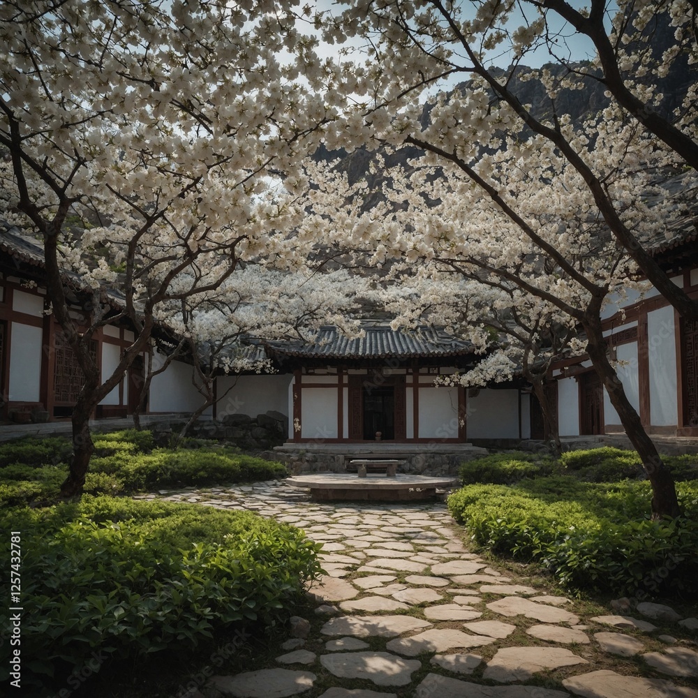 A quiet monastery garden with white blossoms and a peaceful meditation space. A quiet monastery garden with white blossoms and a peaceful meditation space.
