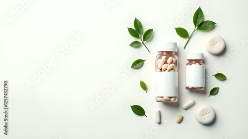 Wallpaper Mural Natural supplements arranged with bottles and plant leaves for health-focused lifestyle Torontodigital.ca