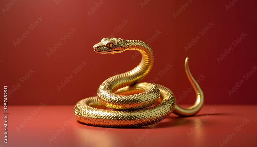 Fototapeta premium Golden snake coiled on red background, visually striking art