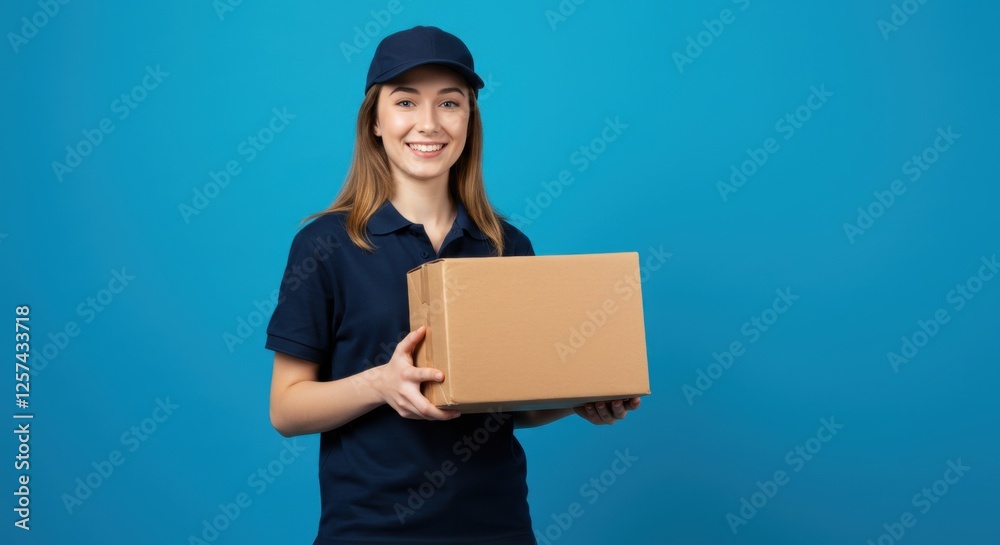 Smiling delivery person holding box against blue background in uniform Smiling delivery person holding box against blue background in uniform