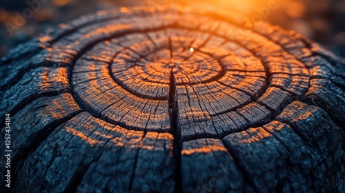 Close-up of a burnt tree stump, golden light, forest floor photo