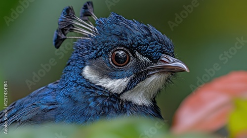 Close-up of a blue bird's head in a jungle setting photo