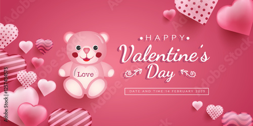 Latar belakang Hari Valentine yang menawan ini menampilkan tema merah muda dengan hati dan boneka beruang lucu yang memegang hati cinta. Sempurna untuk kartu ucapan, postingan media sosial, atau desai