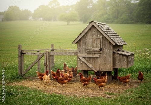 Charming rustic chicken coop in serene countryside with free-range hens